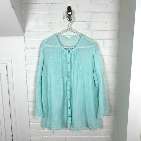 Eileen Fisher Tops - Eileen Fisher Aqua Linen Lightweight Button Front Shirt Size M